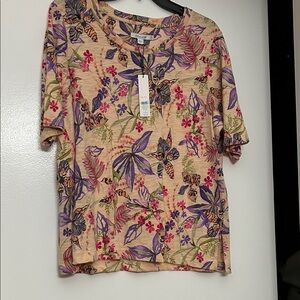 Chico's Beige Floral Short Sleeve Tee with Purple & Pink Accents